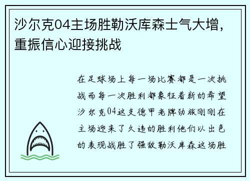 沙尔克04主场胜勒沃库森士气大增，重振信心迎接挑战