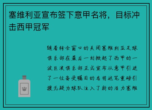塞维利亚宣布签下意甲名将，目标冲击西甲冠军